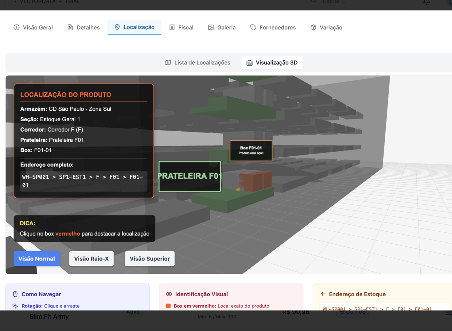 Visualização 3D do armazém